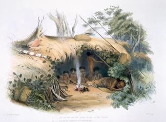 Az őslakosok, II. Native Campment at Portland Bay, „Cold Morning” és családja, a „South Australia Illustrated”-ből, 1847-ben (kézzel színezett metszet)